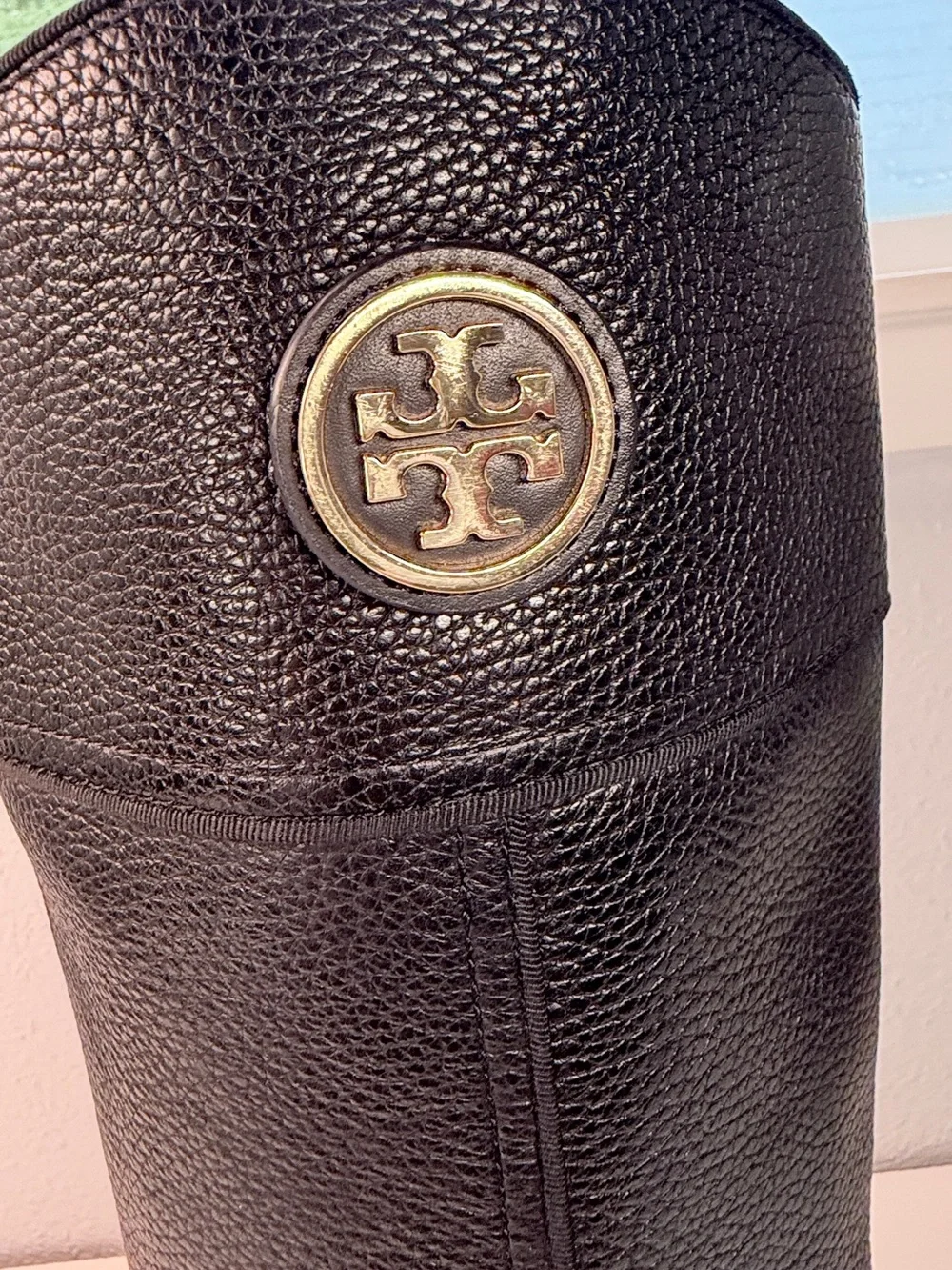 Tory Burch Tall Dark Brown Pebbled Leather Riding Boots Gold Logo size 8 Boots